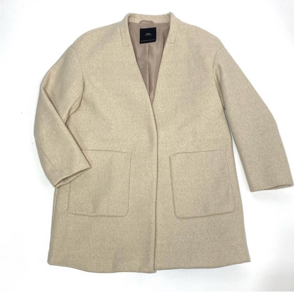 Zara Mid Length Cream Collarless Patch Pocket Coat